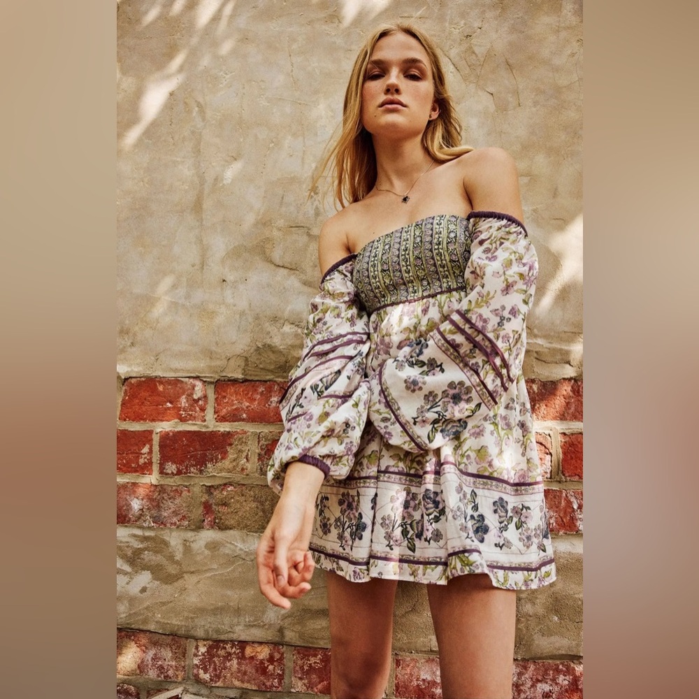 Free People Border Endless Afternoon Mini Dress Long Sleeve Boho Style Sz Small
